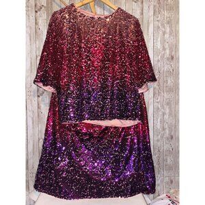 ModCloth Sparkle Pink Purple Ombre Party Sequin Shirt Blouse Top & Skirt Set XL